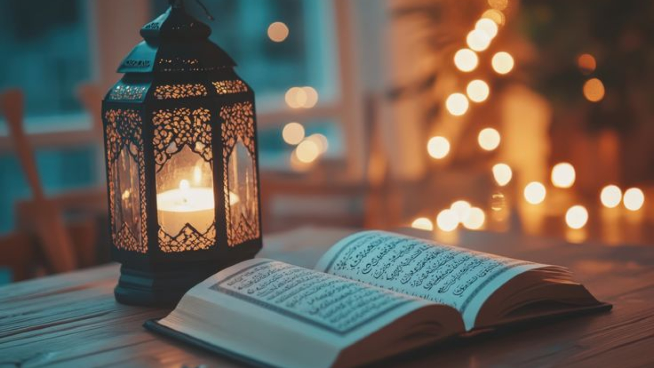 Free Photo _ Lantern and a Book on a Table for Ramadan Kareem Muslim Pray Time_