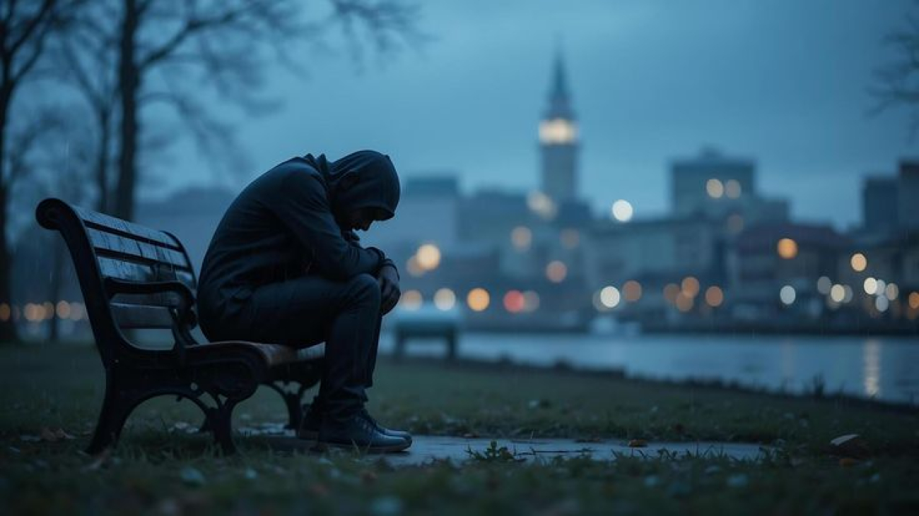 Download Depressed man sits alone on a park bench at dusk for free