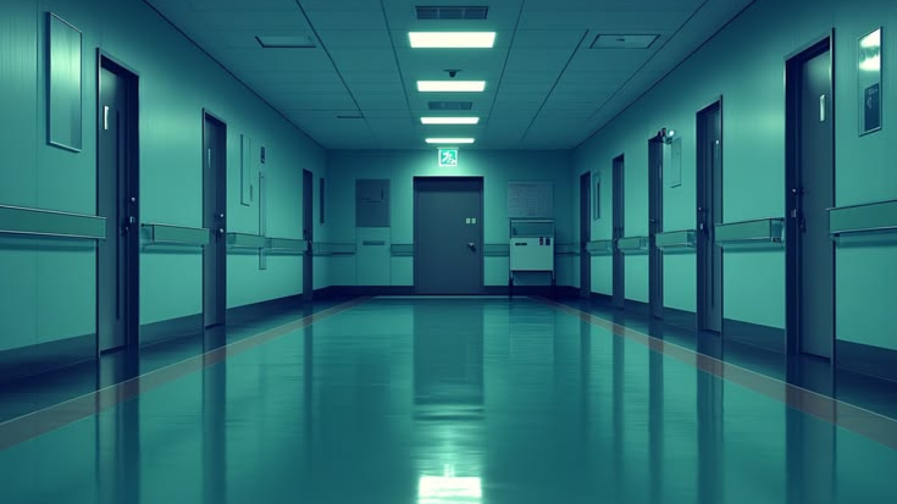 Empty Hospital Hallway with Exit Sign and Teal Walls